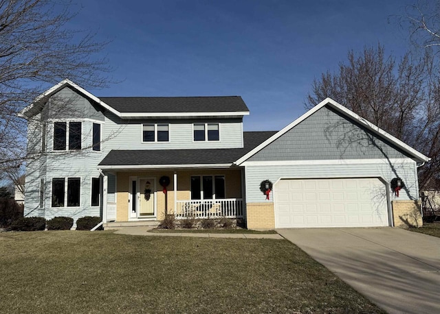 view of front of property with covered porch, a garage, and a front lawn