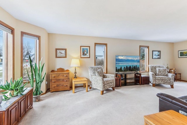 living room featuring light colored carpet