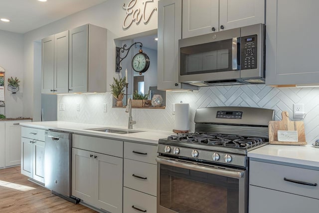 kitchen with sink, light hardwood / wood-style flooring, backsplash, gray cabinets, and appliances with stainless steel finishes