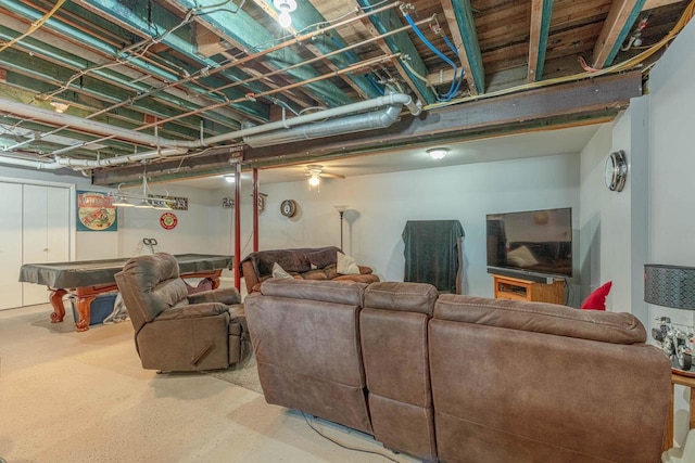 basement featuring ceiling fan and billiards