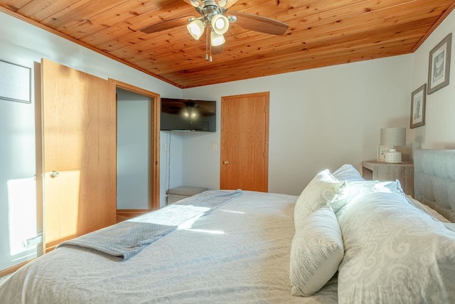 bedroom with ceiling fan and wood ceiling