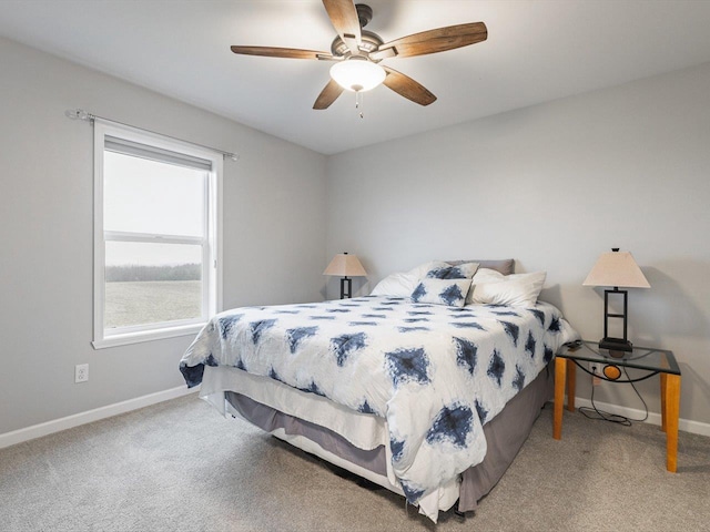 bedroom with ceiling fan and carpet floors