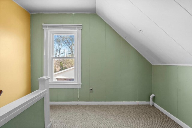 additional living space featuring light colored carpet and lofted ceiling