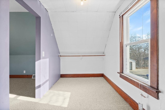 bonus room with light colored carpet and vaulted ceiling