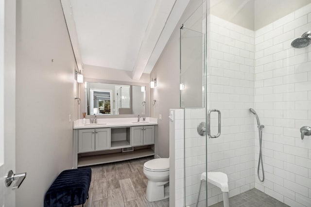 bathroom featuring vanity, wood-type flooring, a shower with shower door, and toilet