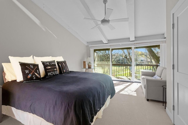 carpeted bedroom featuring ceiling fan, lofted ceiling with beams, and access to exterior