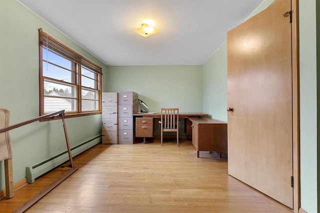 office area with light hardwood / wood-style flooring and a baseboard heating unit