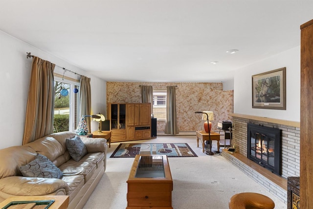 living room featuring a fireplace