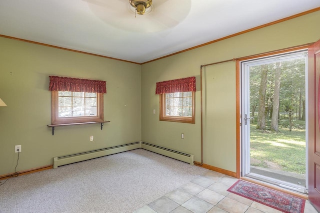 interior space featuring crown molding, light colored carpet, and baseboard heating