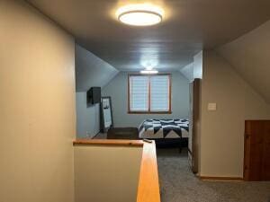 bedroom featuring carpet flooring and vaulted ceiling