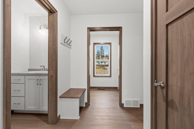 hall with sink and light wood-type flooring