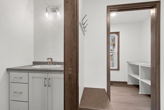 bathroom featuring hardwood / wood-style floors and vanity