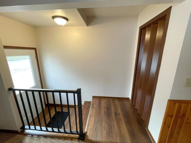 stairway with hardwood / wood-style floors