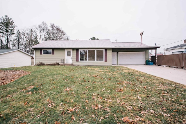 ranch-style house with a garage and a front lawn