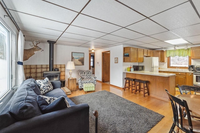 living room with a wood stove, a wealth of natural light, sink, and light wood-type flooring