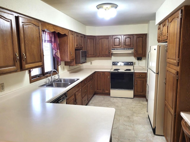 kitchen featuring kitchen peninsula, white appliances, and sink