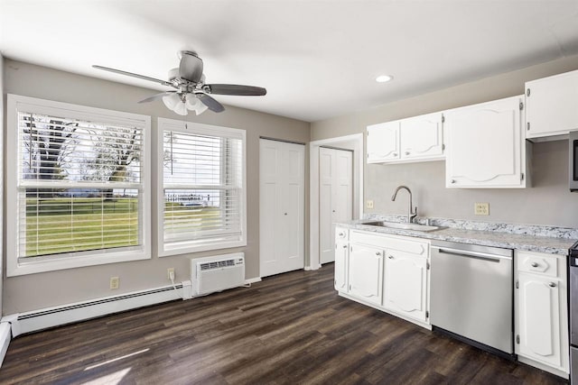 1001 Bay Shore Dr, Oshkosh, WI 54901 - kitchen featuring white cabinetry, sink, dark hardwood / wood-style flooring, a baseboard heating unit, and appliances with stainless steel finishes
