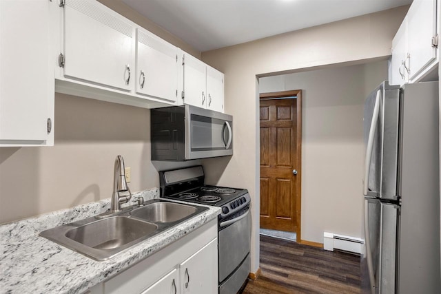 1001 Bay Shore Dr, Oshkosh, WI 54901 - kitchen with white cabinets, sink, baseboard heating, and stainless steel appliances