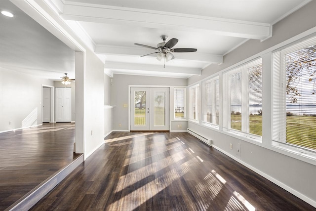 unfurnished sunroom with a wealth of natural light, beamed ceiling, a baseboard radiator, and ceiling fan