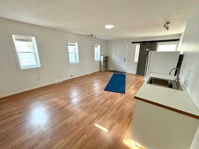 exercise room featuring light hardwood / wood-style floors and sink