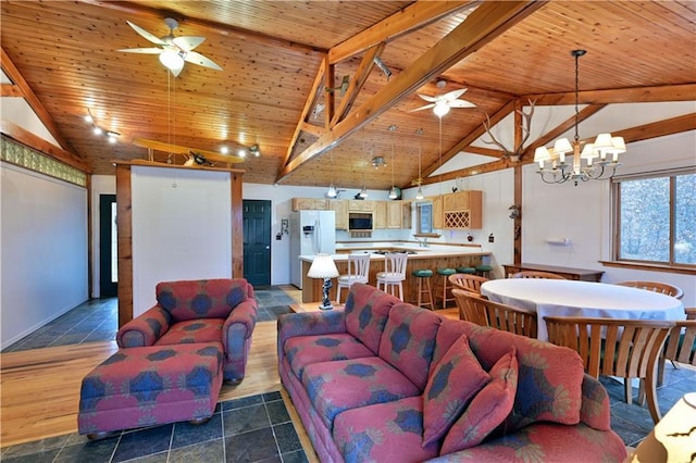 living room featuring vaulted ceiling with beams, dark hardwood / wood-style floors, wood ceiling, and ceiling fan with notable chandelier