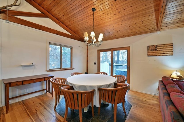 dining area featuring vaulted ceiling with beams, an inviting chandelier, a wealth of natural light, and light hardwood / wood-style flooring