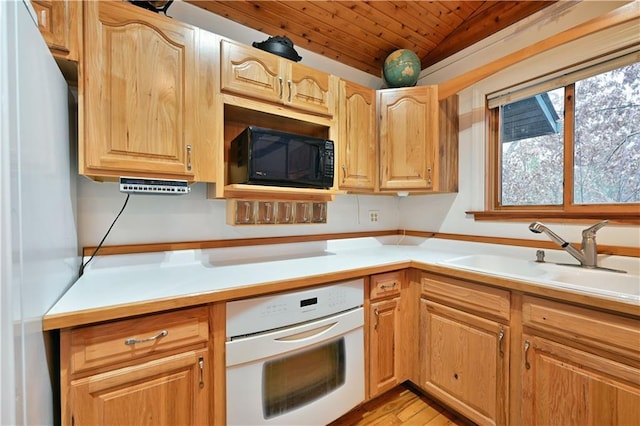 kitchen with sink, wood ceiling, white appliances, and light hardwood / wood-style floors