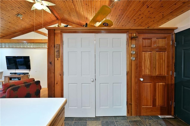 bedroom with vaulted ceiling, ceiling fan, and wooden ceiling