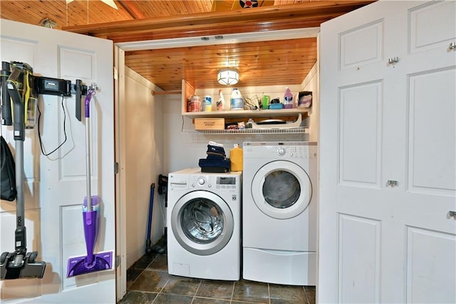 washroom with independent washer and dryer and wooden ceiling