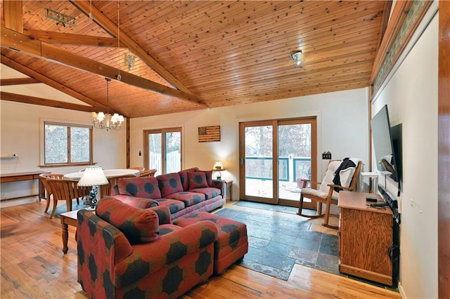 living room featuring wood ceiling, an inviting chandelier, high vaulted ceiling, beamed ceiling, and light hardwood / wood-style floors