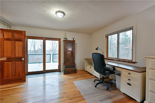 unfurnished office with plenty of natural light, light hardwood / wood-style floors, and a textured ceiling