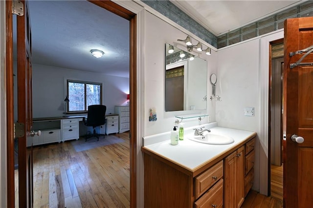 bathroom featuring hardwood / wood-style floors and vanity