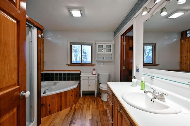 bathroom featuring hardwood / wood-style floors, vanity, plenty of natural light, and toilet