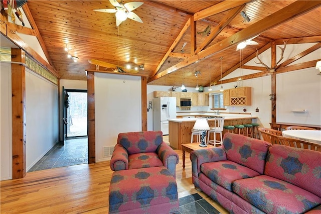 living room with lofted ceiling with beams, light hardwood / wood-style flooring, ceiling fan, and wood ceiling