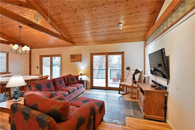 living room featuring wooden ceiling, beamed ceiling, a healthy amount of sunlight, and wood-type flooring