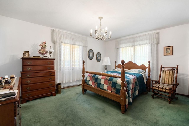 bedroom with carpet, a chandelier, and multiple windows