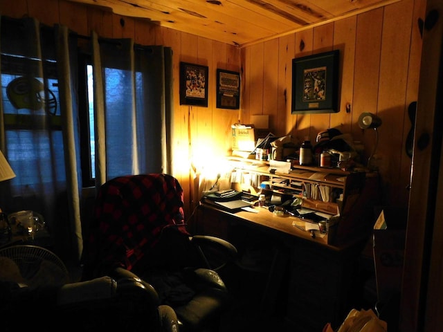 office space featuring wooden walls and wood ceiling