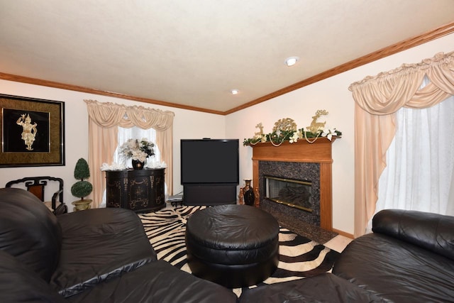 living room featuring crown molding and a high end fireplace