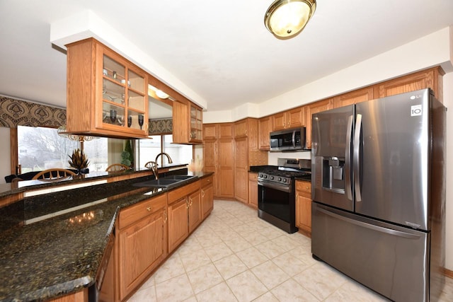 kitchen featuring dark stone countertops, sink, and stainless steel appliances