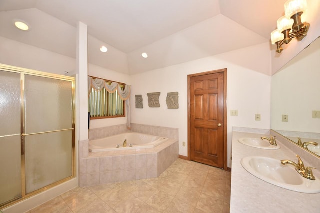 bathroom with tile patterned flooring, independent shower and bath, and lofted ceiling