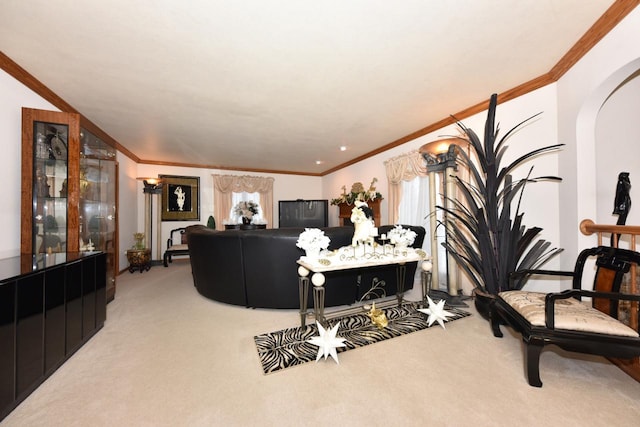 living room with carpet flooring and ornamental molding