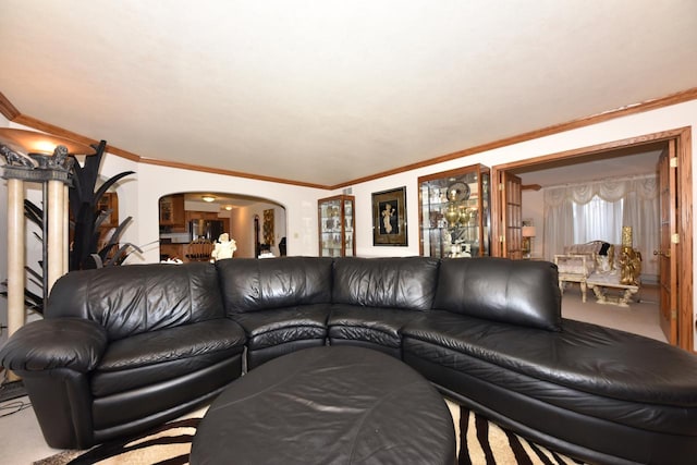 carpeted living room with ornamental molding