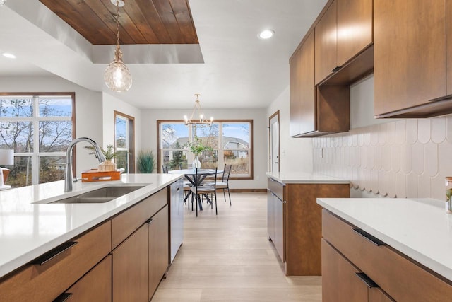 kitchen featuring backsplash, a notable chandelier, decorative light fixtures, stainless steel dishwasher, and sink