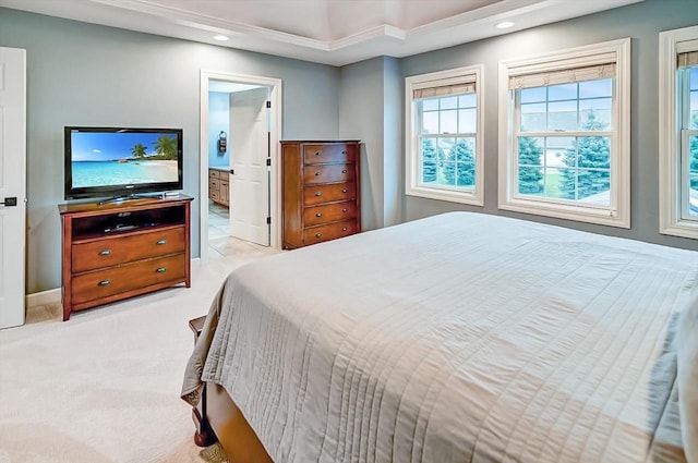 bedroom with light carpet, ensuite bath, and a raised ceiling