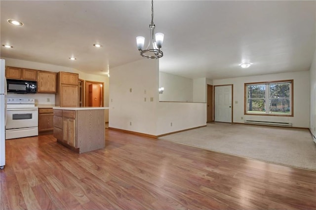 kitchen featuring a center island, a baseboard radiator, light hardwood / wood-style flooring, white range with electric stovetop, and decorative light fixtures