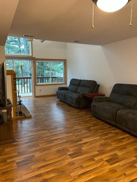 living room with ceiling fan and hardwood / wood-style floors