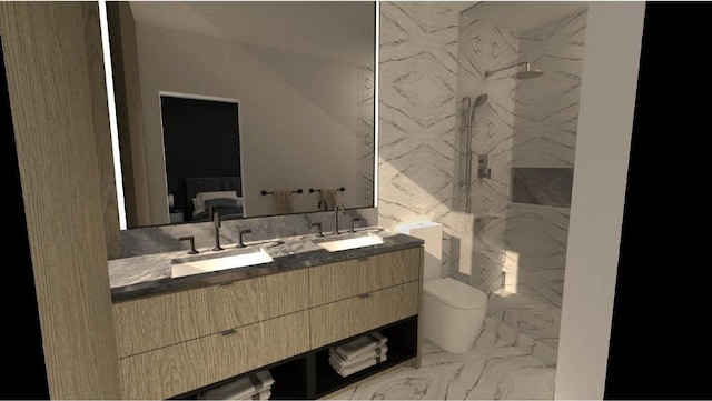 bathroom with vanity, toilet, and walk in shower