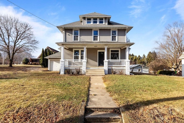 view of front of home with a porch, a garage, and a front lawn