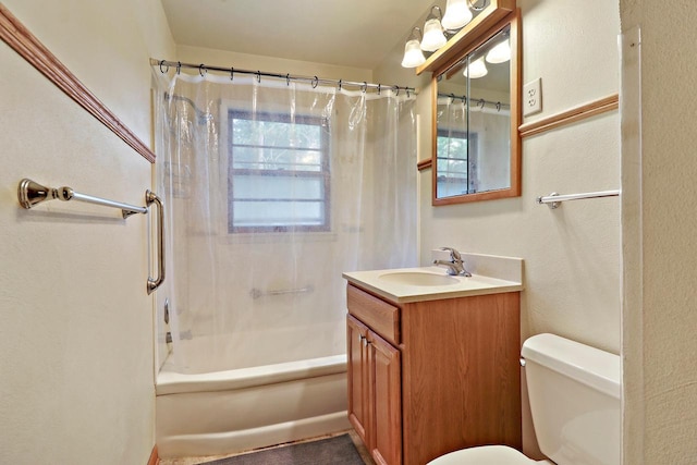 full bathroom with vanity, shower / bathtub combination with curtain, and toilet