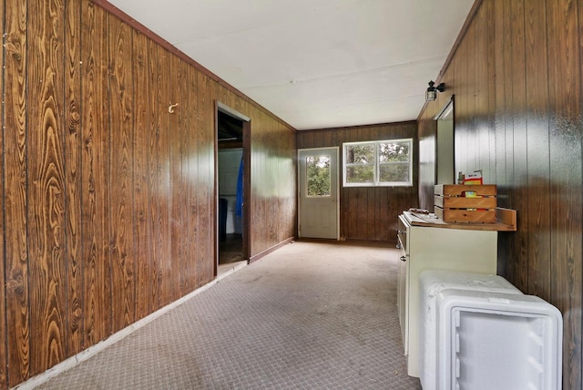 hall featuring light colored carpet and wooden walls